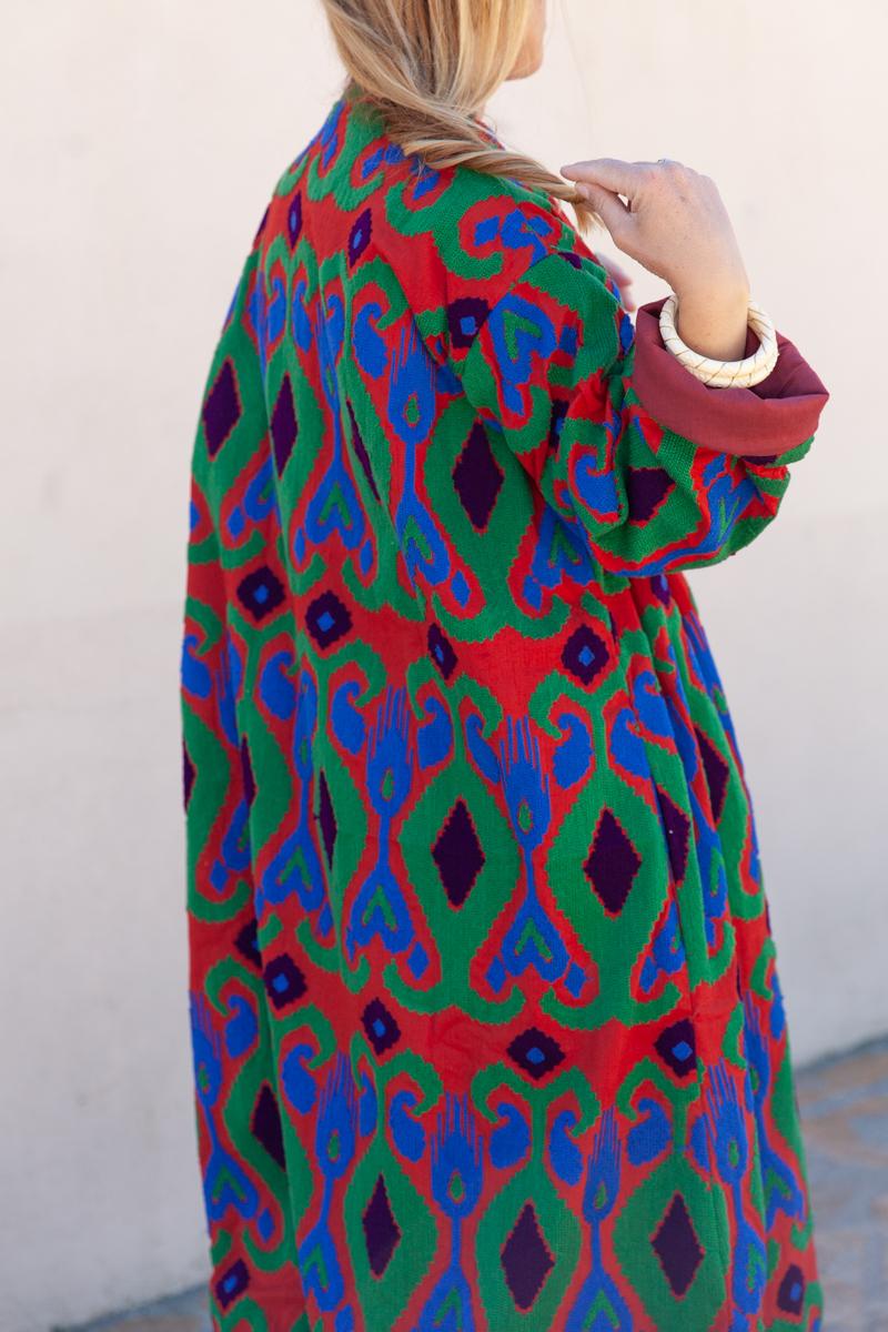 Red Capri cotton embroidered ikat kimono