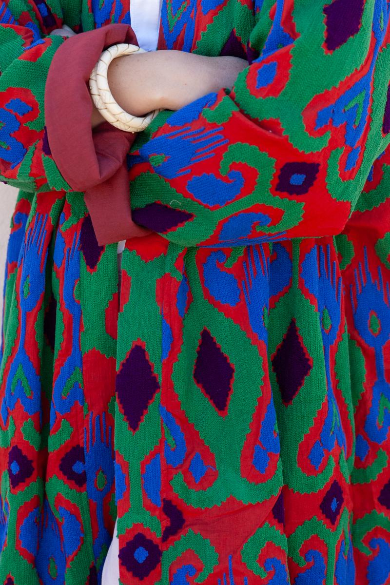 Red Capri cotton embroidered ikat kimono