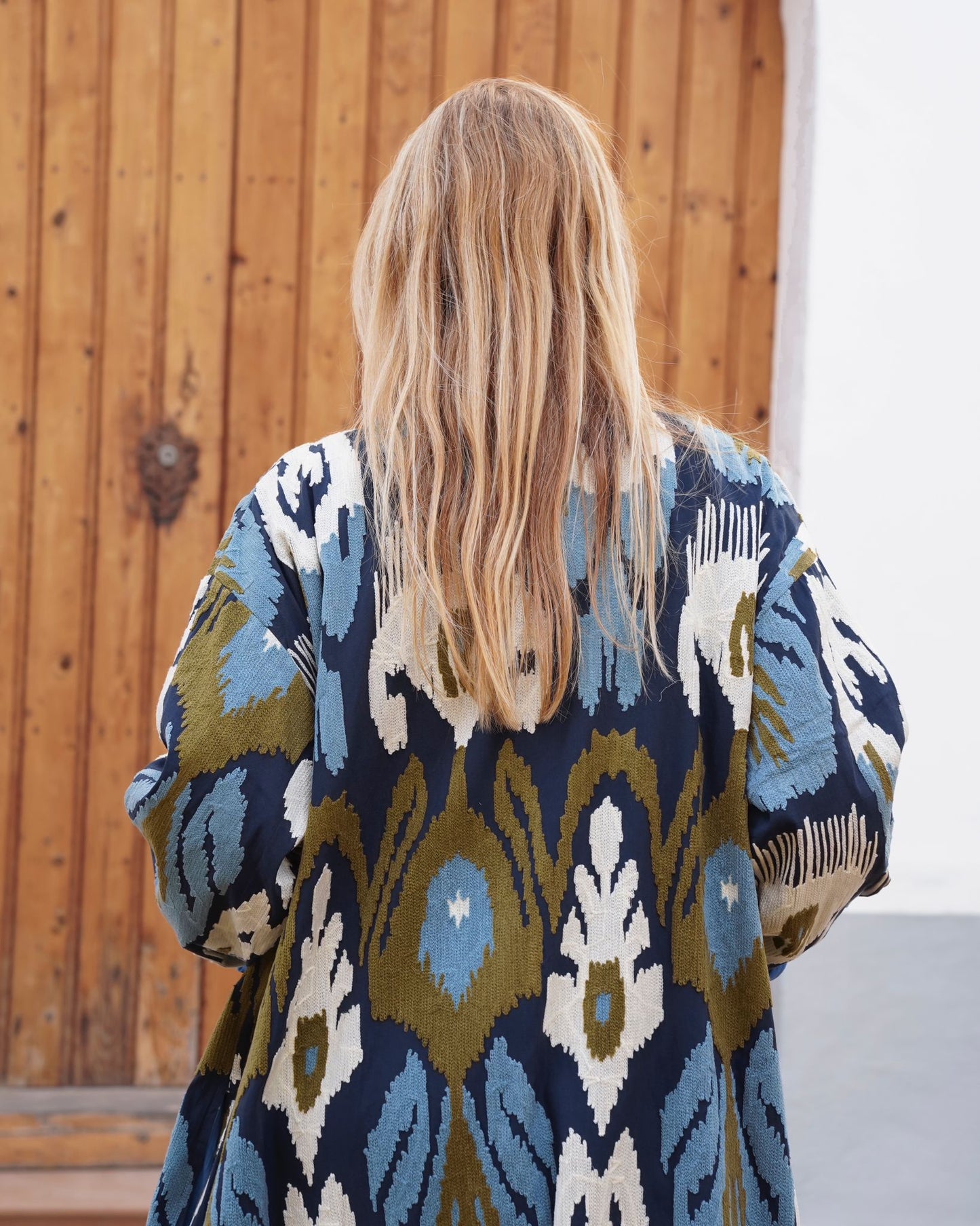 Blue Capri cotton embroidered ikat kimono