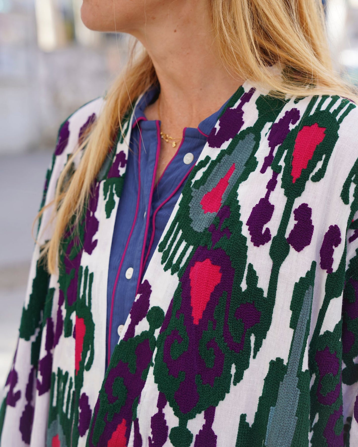 Multi Color Capri cotton embroidered ikat kimono