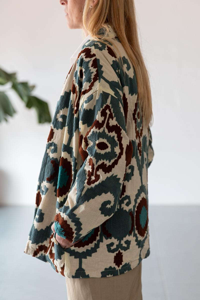 Short embroidery ikat kimono