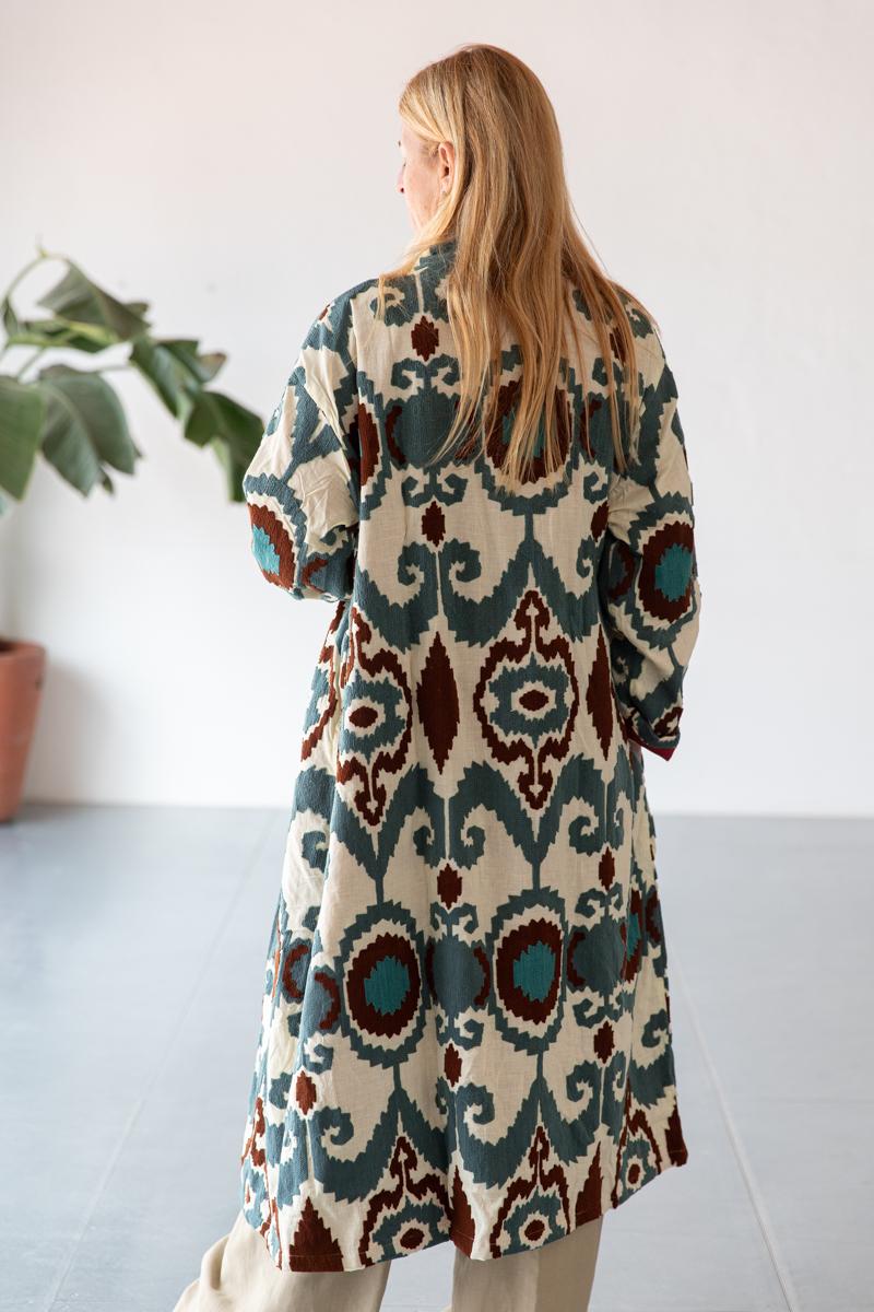 White Capri cotton embroidered ikat kimono
