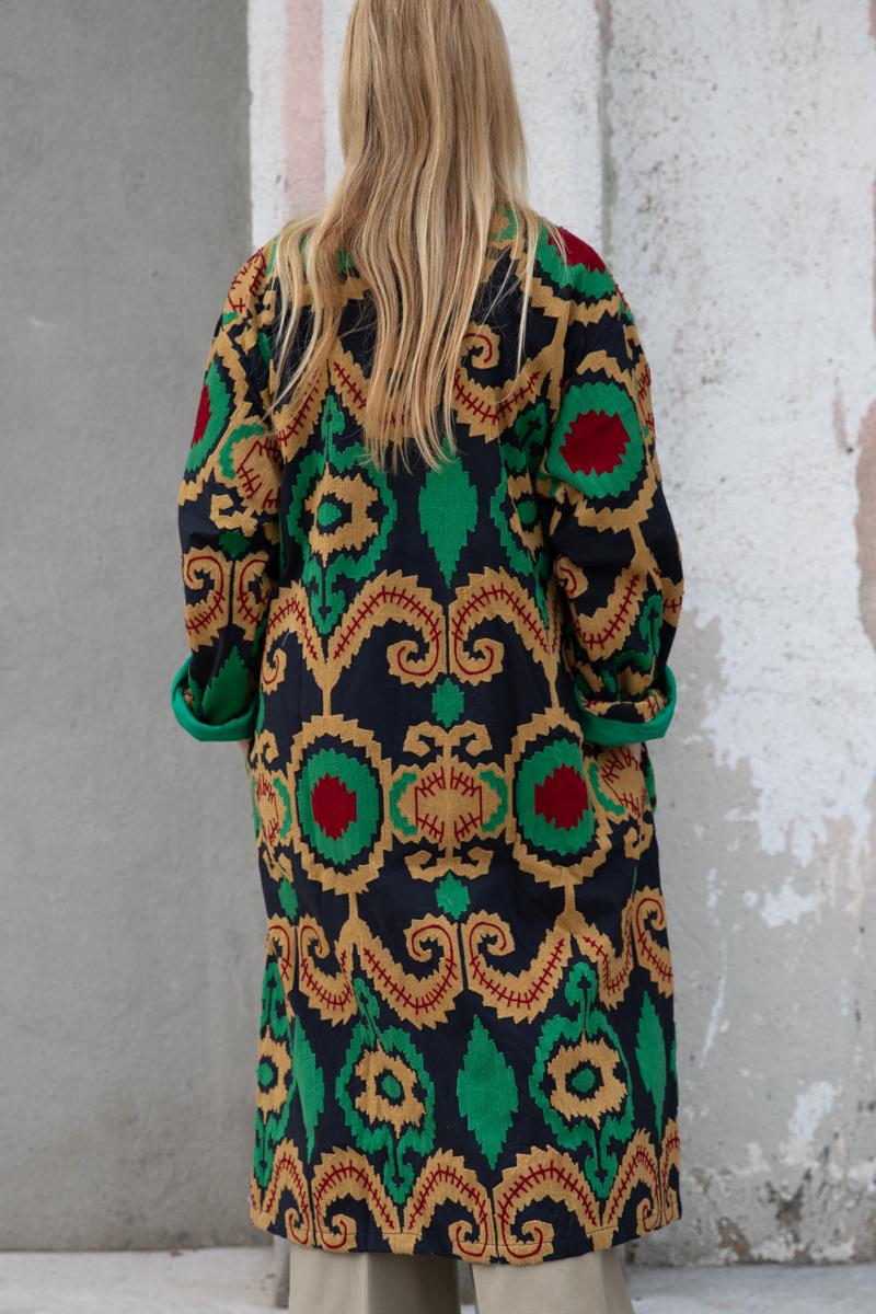 Black Capri cotton embroidered ikat kimono