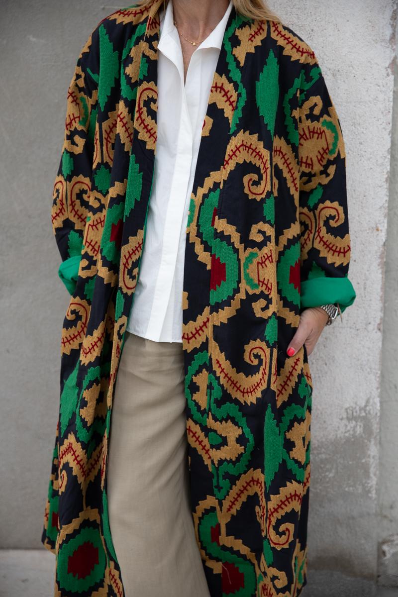 Black Capri cotton embroidered ikat kimono
