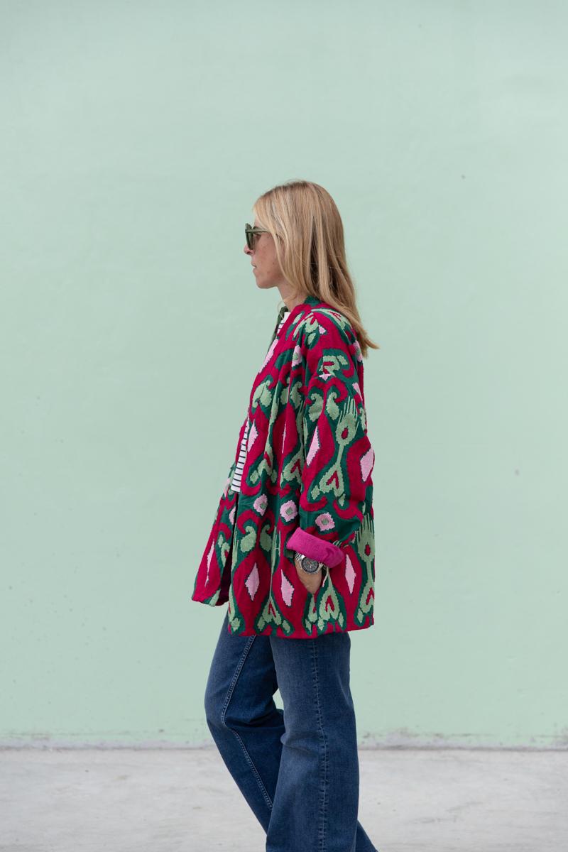 Short Capri cotton embroidered ikat kimono
