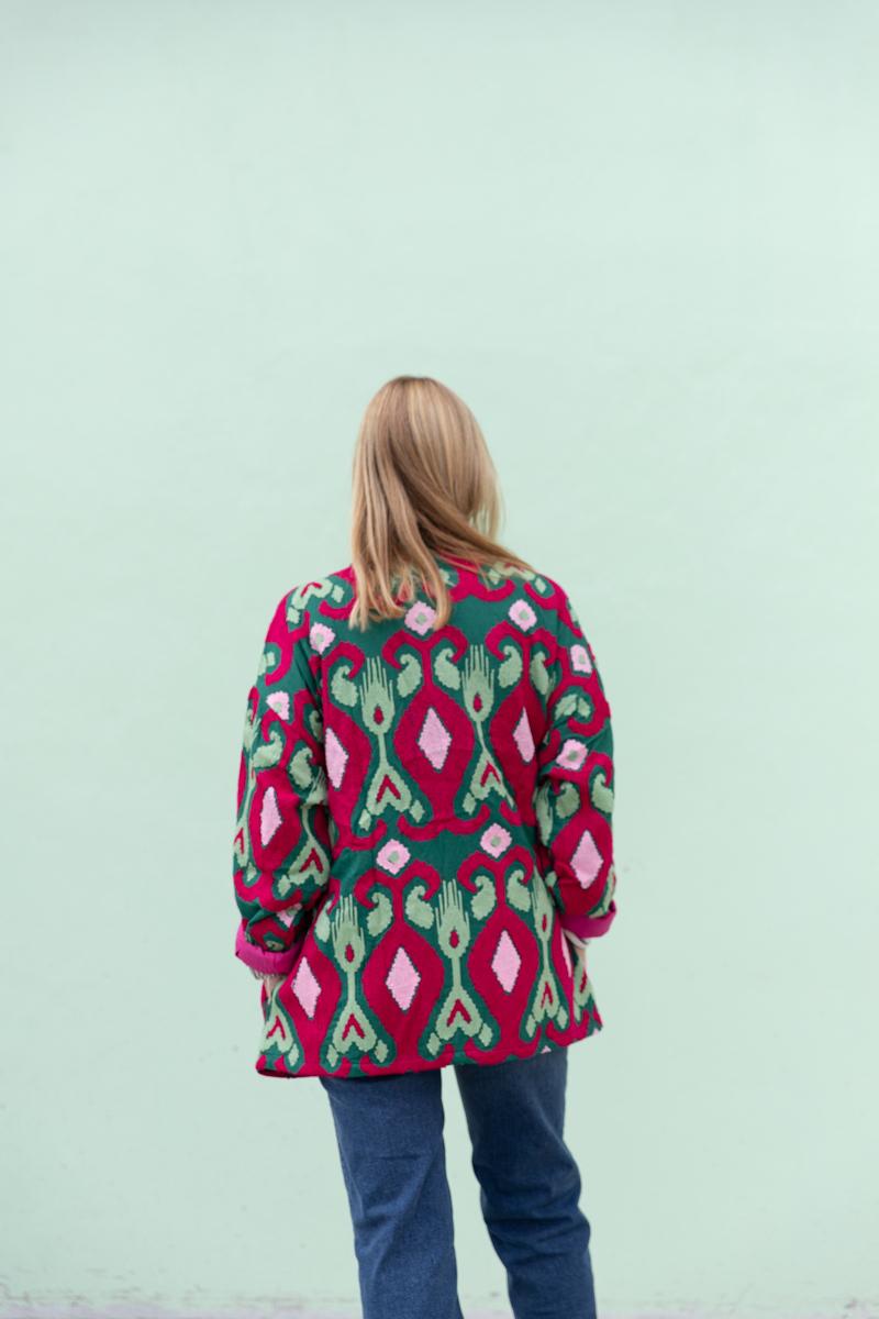 Short Capri cotton embroidered ikat kimono