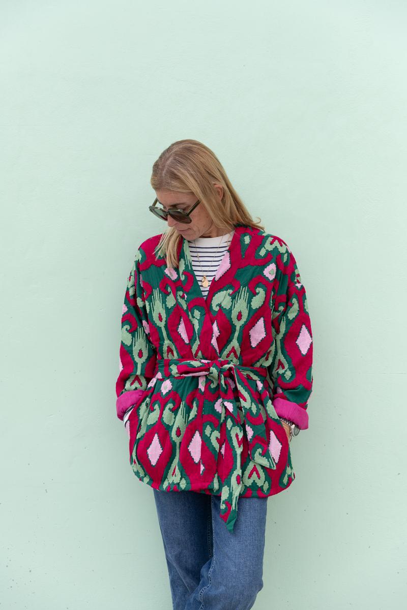 Short Capri cotton embroidered ikat kimono