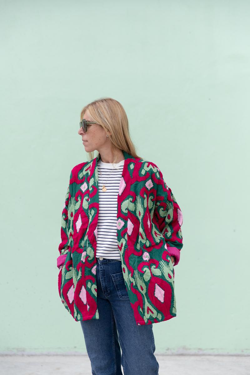 Short Capri cotton embroidered ikat kimono
