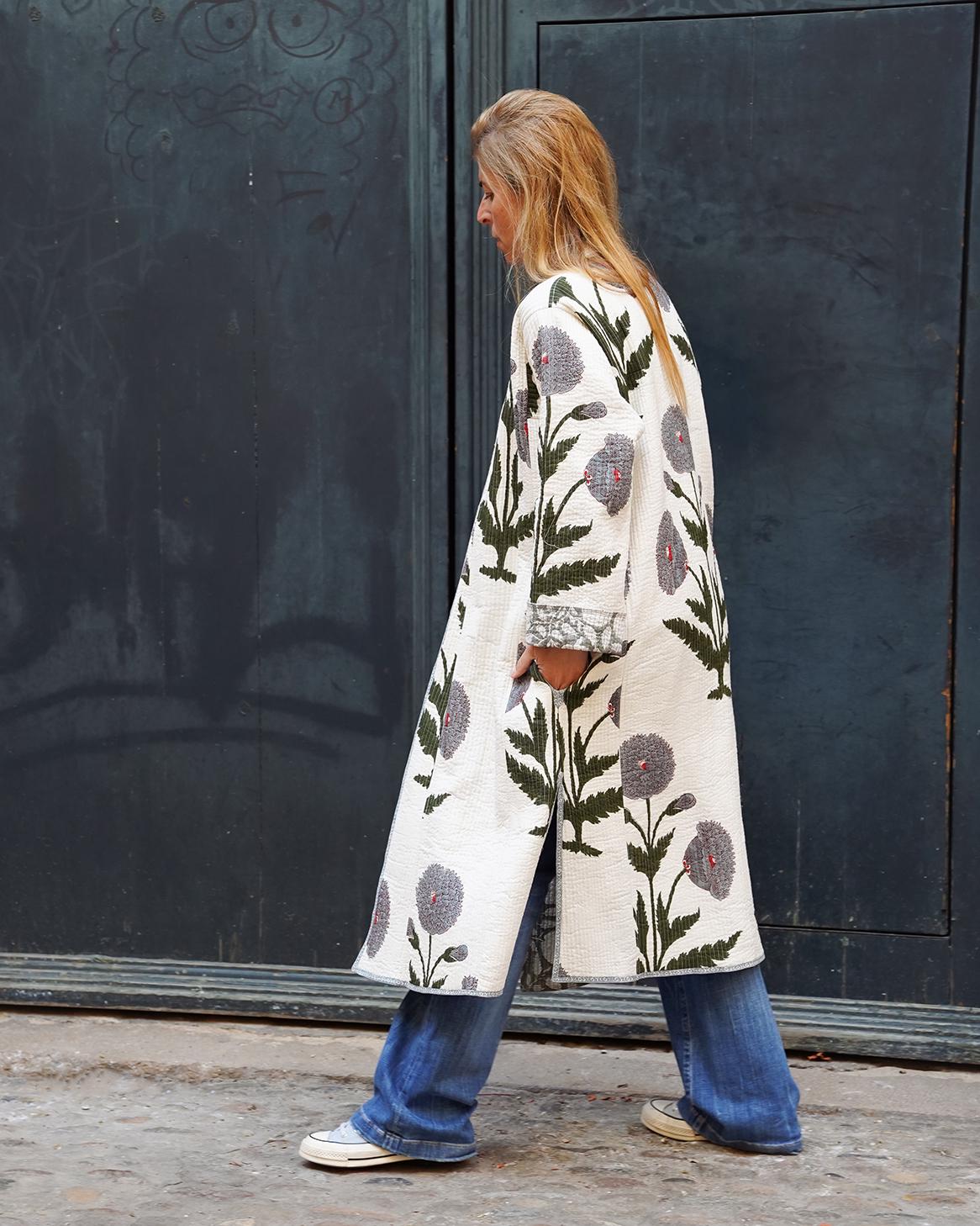 Block print reversible quilted kimono