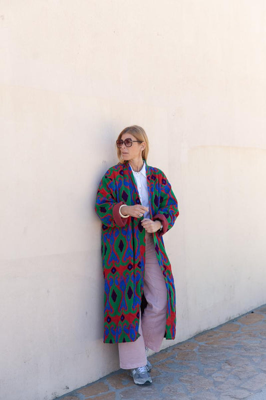 Red Capri cotton embroidered ikat kimono