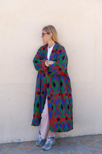 Red Capri cotton embroidered ikat kimono