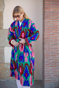 Pink Capri cotton embroidered ikat kimono