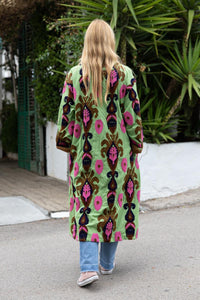 Green Capri cotton embroidered ikat kimono