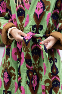 Green Capri cotton embroidered ikat kimono