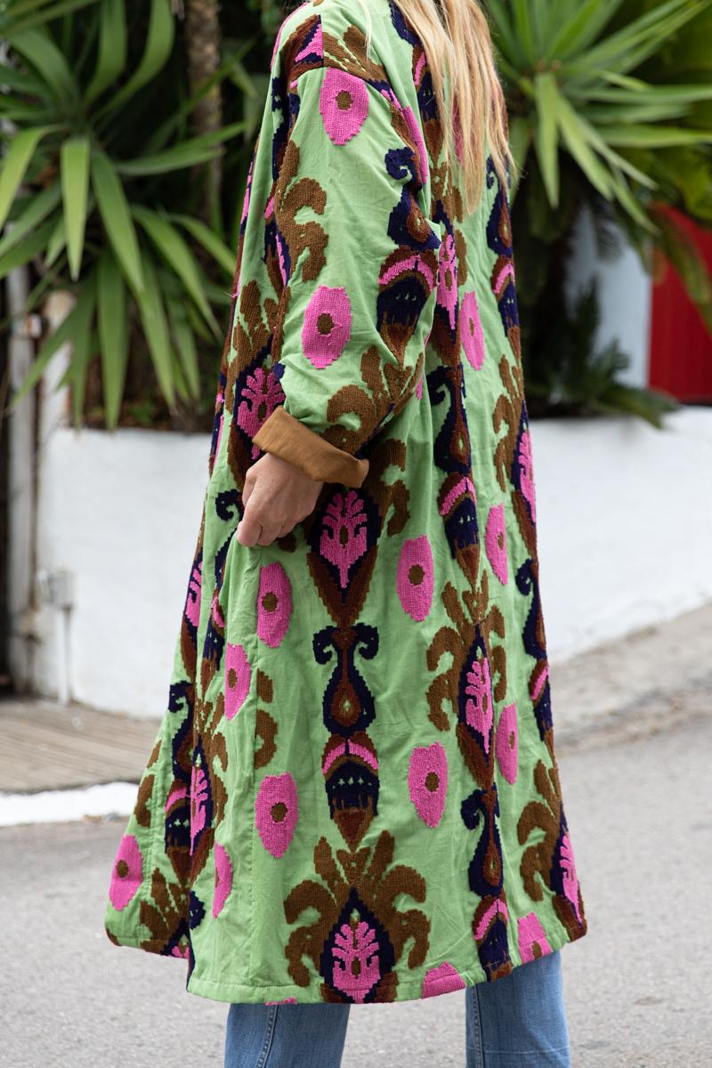 Green Capri cotton embroidered ikat kimono