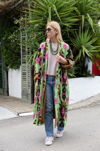 Green Capri cotton embroidered ikat kimono