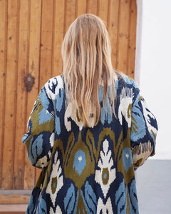 Blue Capri cotton embroidery ikat kimono