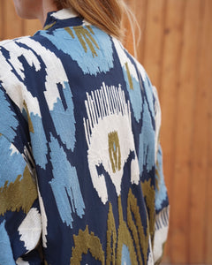 Blue Capri cotton embroidered ikat kimono