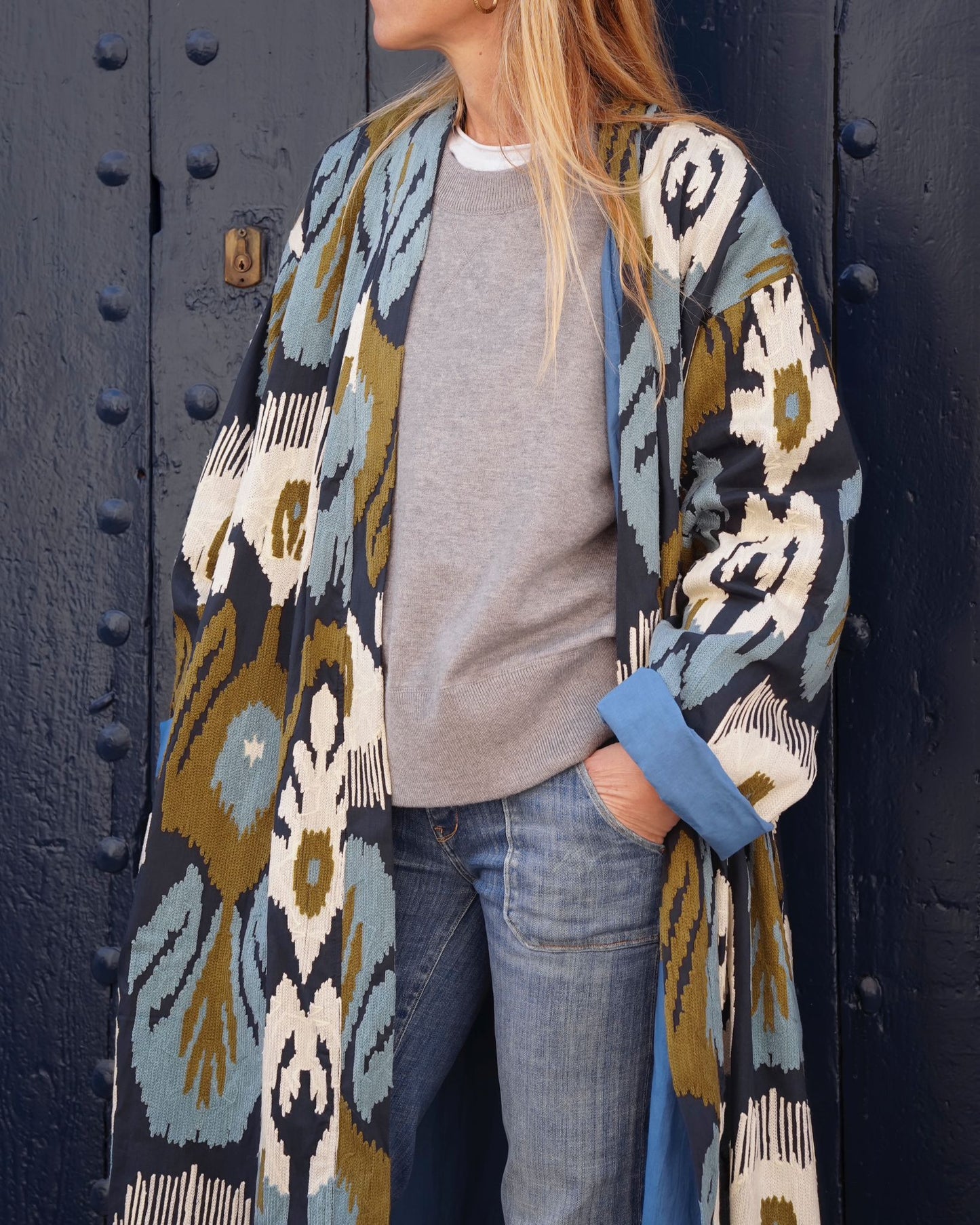 Blue Capri cotton embroidered ikat kimono