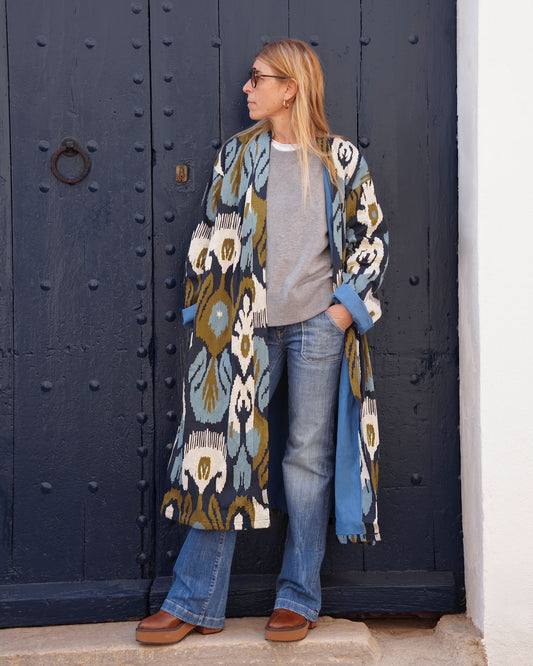 Blue Capri cotton embroidered ikat kimono