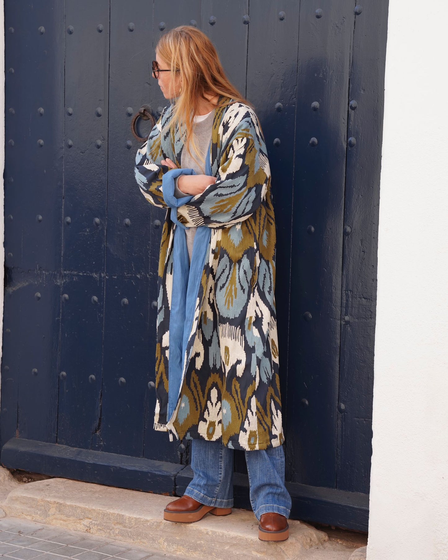 Blue Capri cotton embroidered ikat kimono