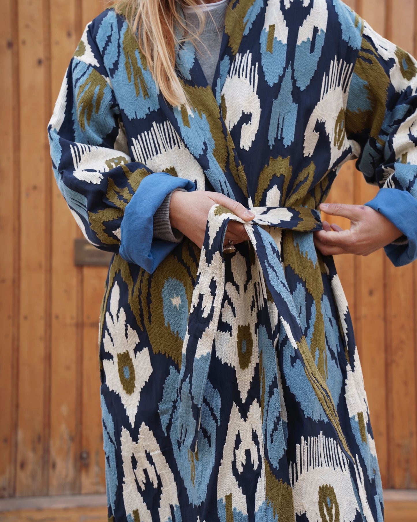 Blue Capri cotton embroidered ikat kimono