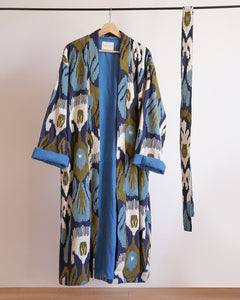 Blue Capri cotton embroidered ikat kimono