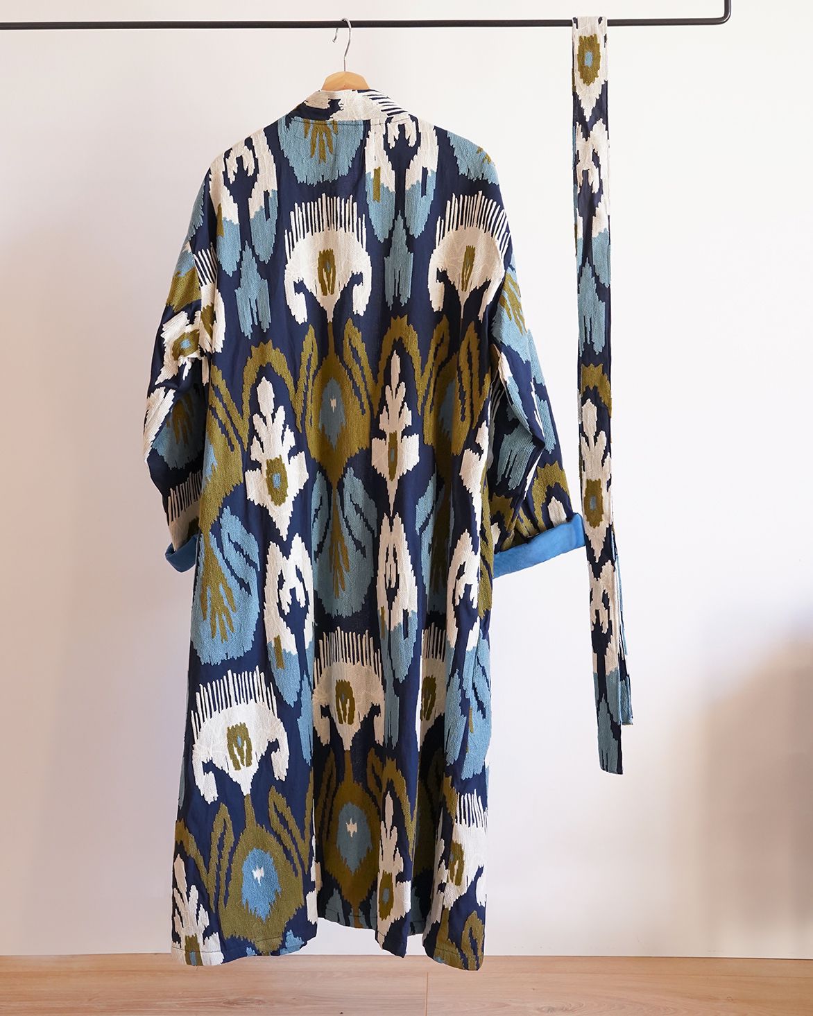 Blue Capri cotton embroidered ikat kimono