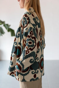 Short embroidery ikat kimono