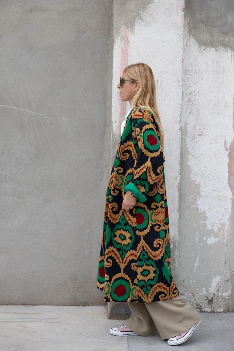 Black Capri cotton embroidered ikat kimono