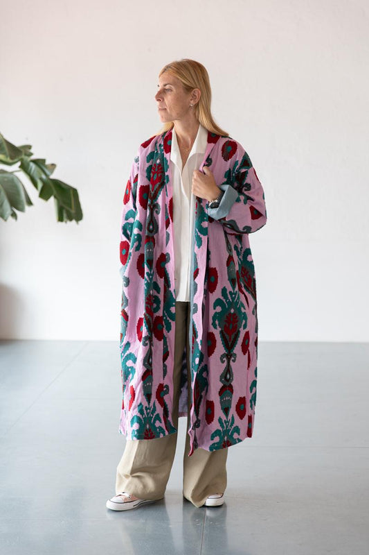 Pink Capri cotton embroidered ikat kimono