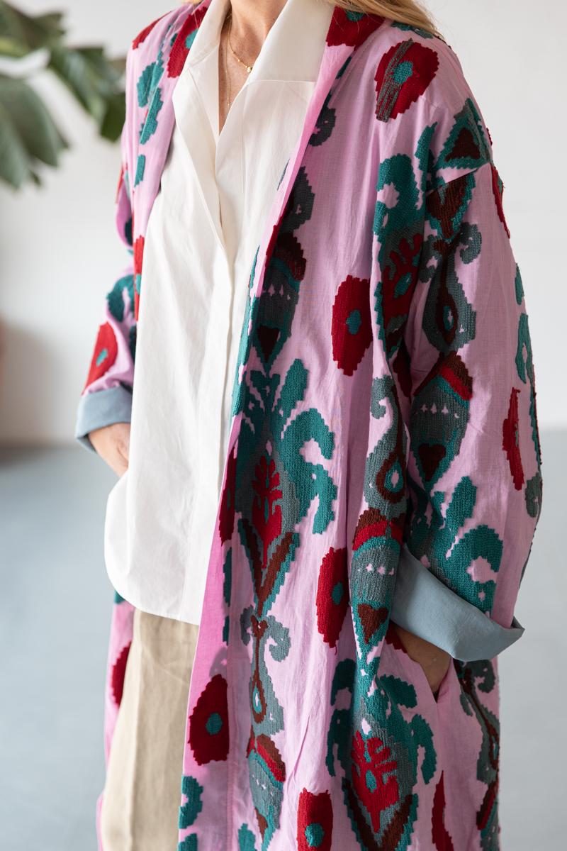 Pink Capri cotton embroidered ikat kimono