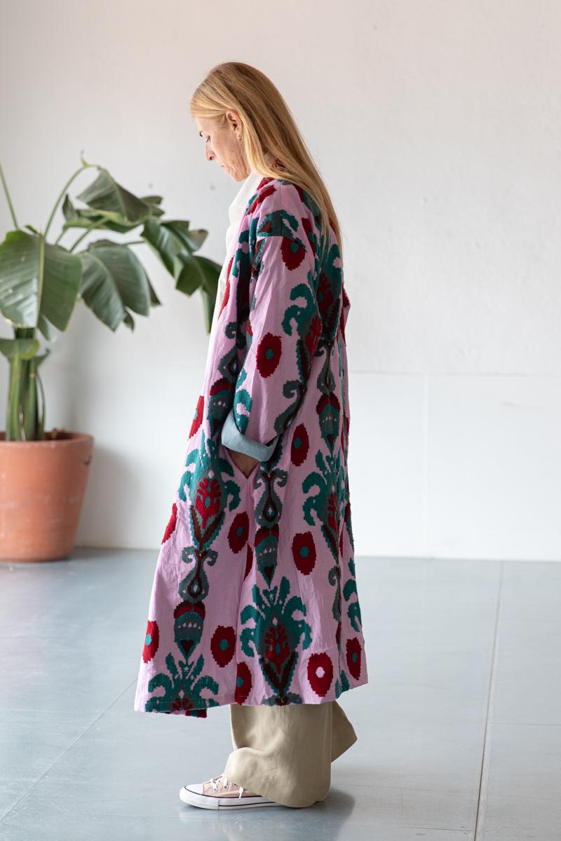 Pink Capri cotton embroidered ikat kimono