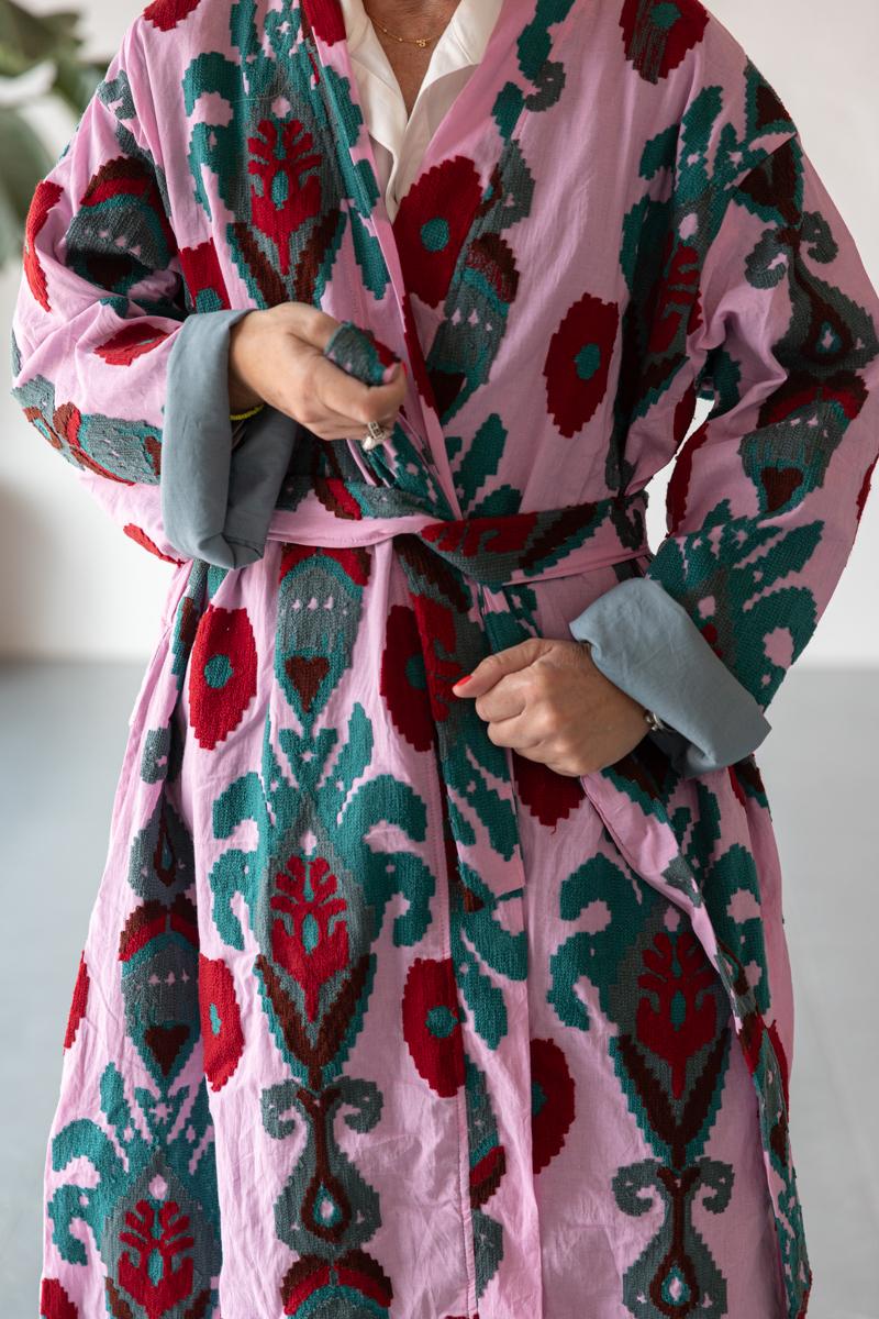 Pink Capri cotton embroidered ikat kimono