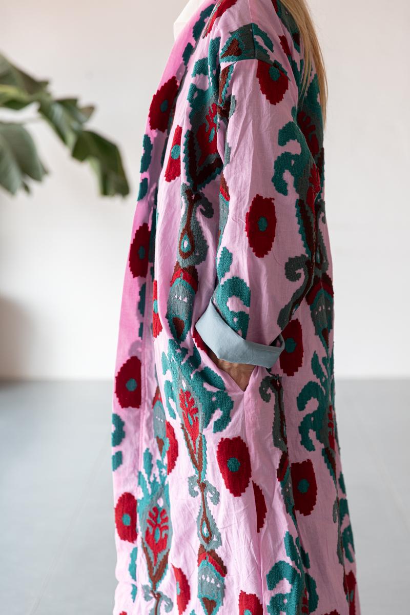 Pink Capri cotton embroidered ikat kimono