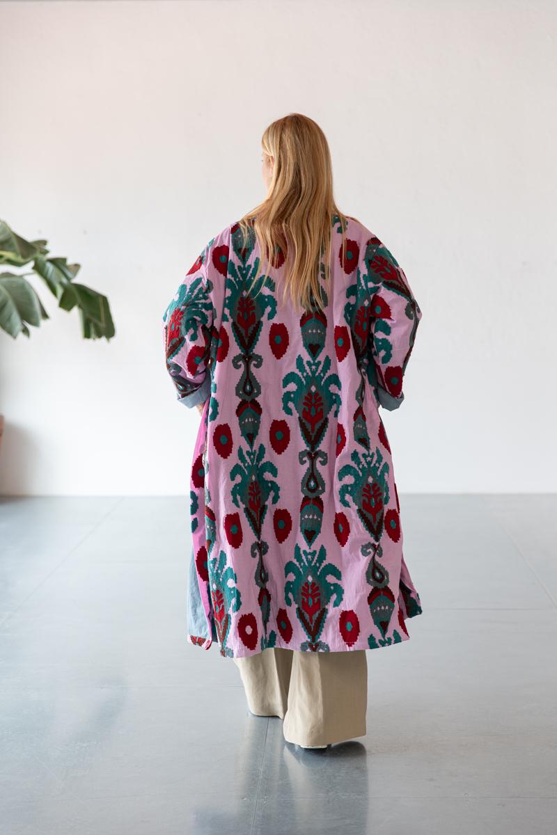 Pink Capri cotton embroidered ikat kimono