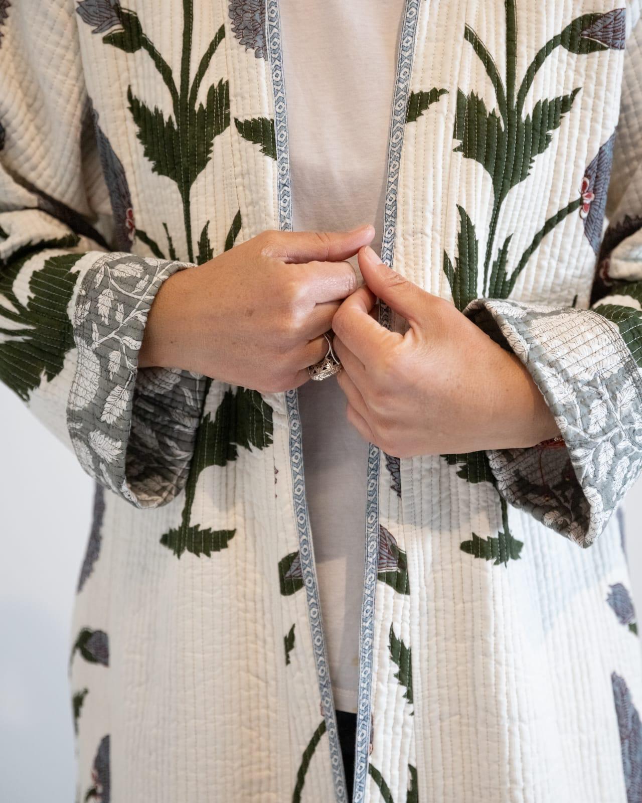 Block print reversible quilted kimono