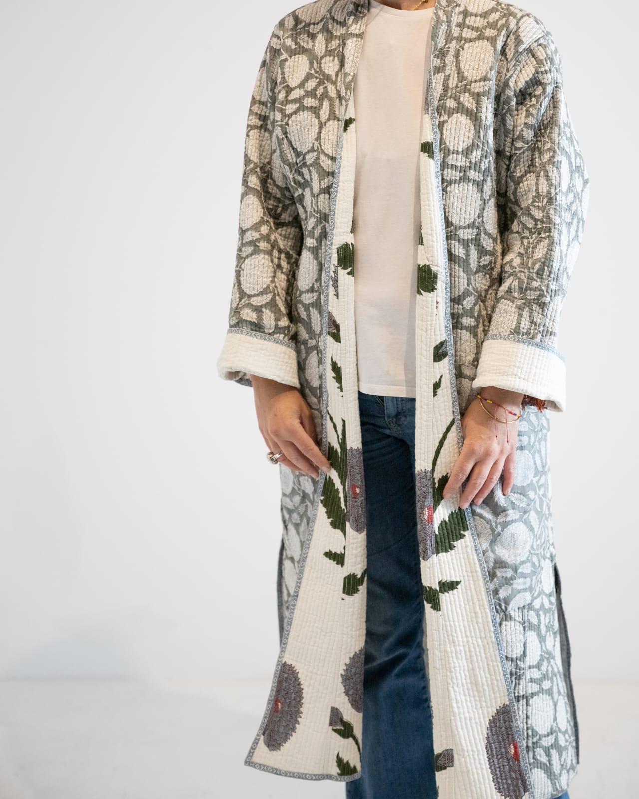 Block print reversible quilted kimono