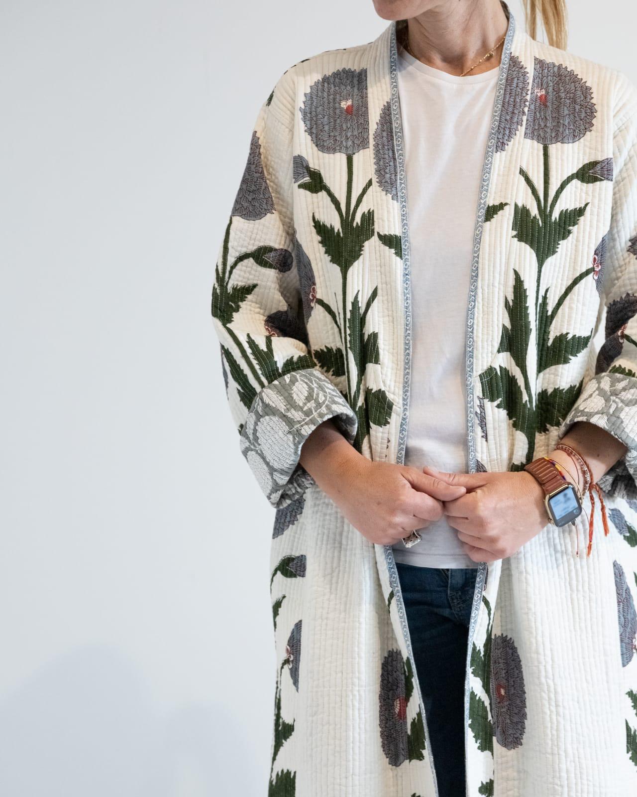 Block print reversible quilted kimono