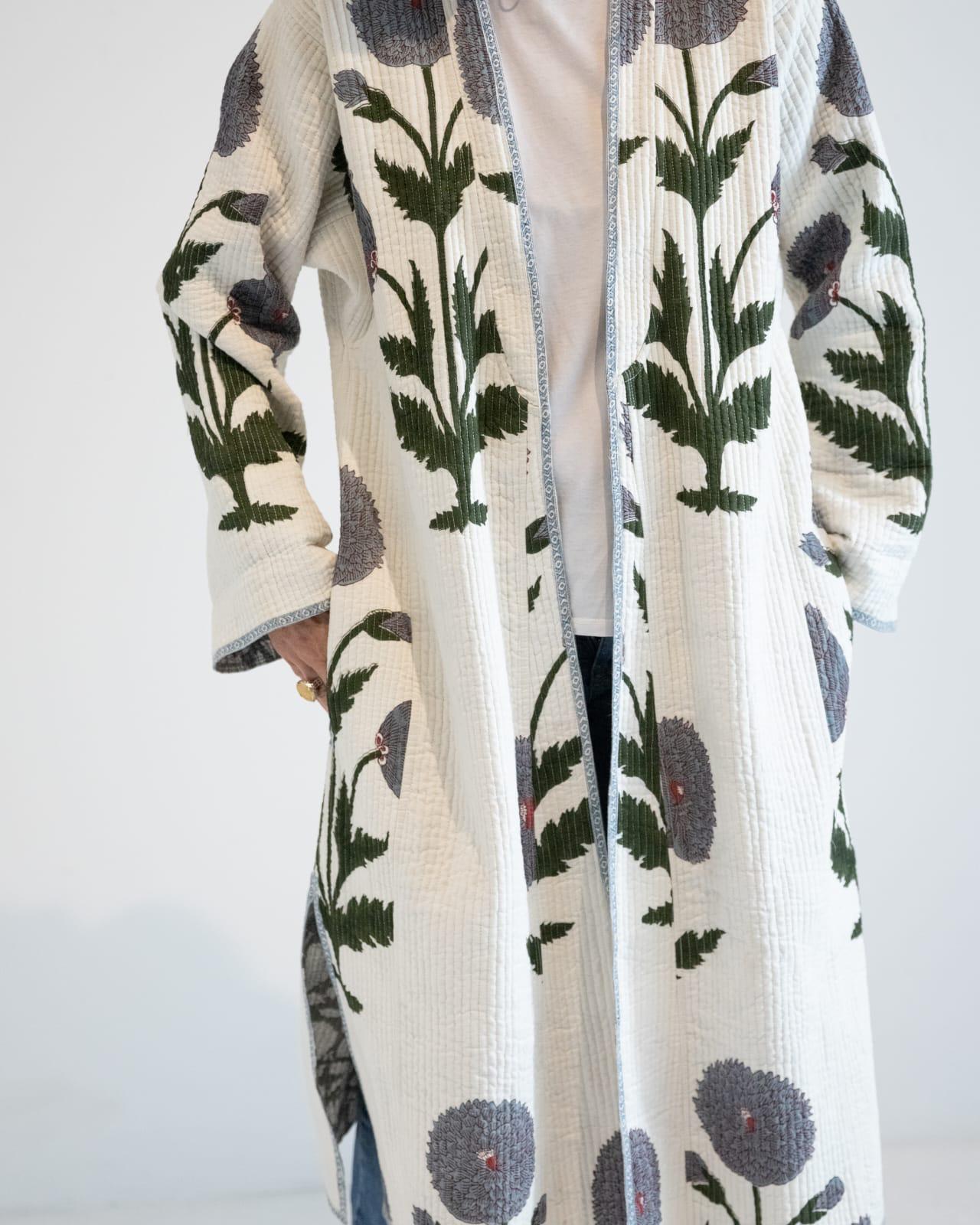 Block print reversible quilted kimono