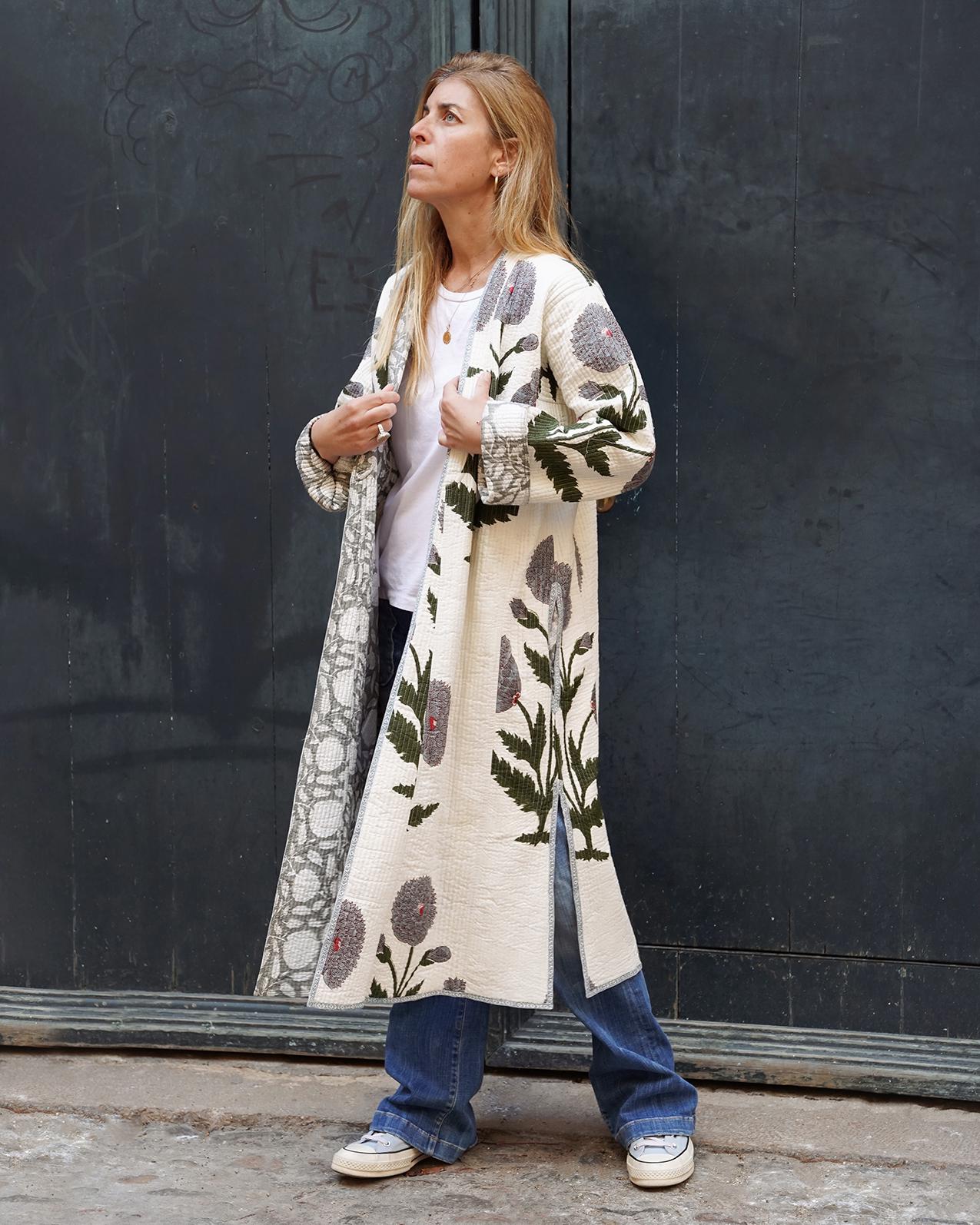 Block print reversible quilted kimono