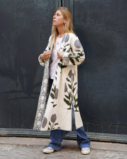 Block print reversible quilted kimono