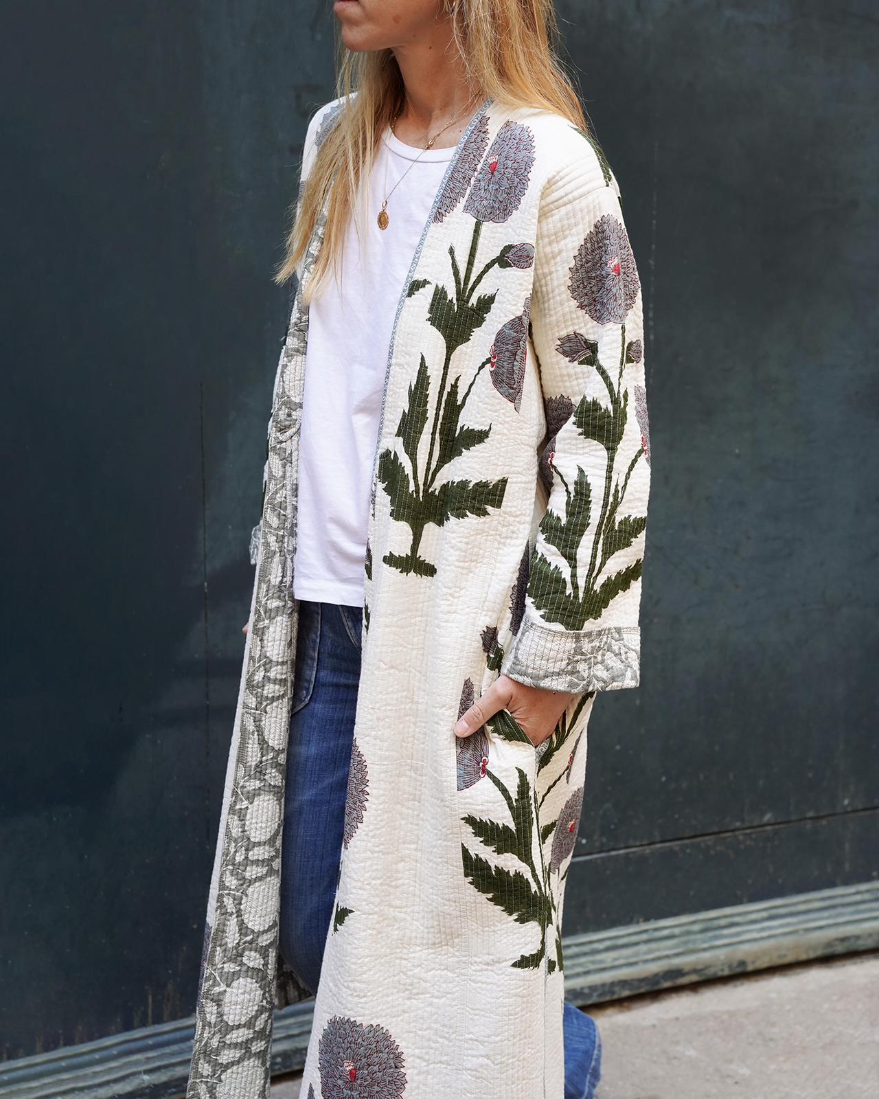 Block print reversible quilted kimono
