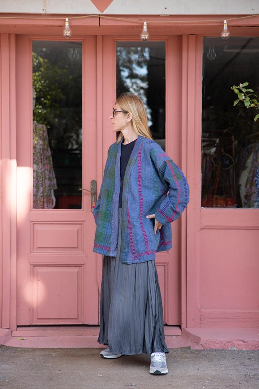 Reversible embroidered old kantha kimono